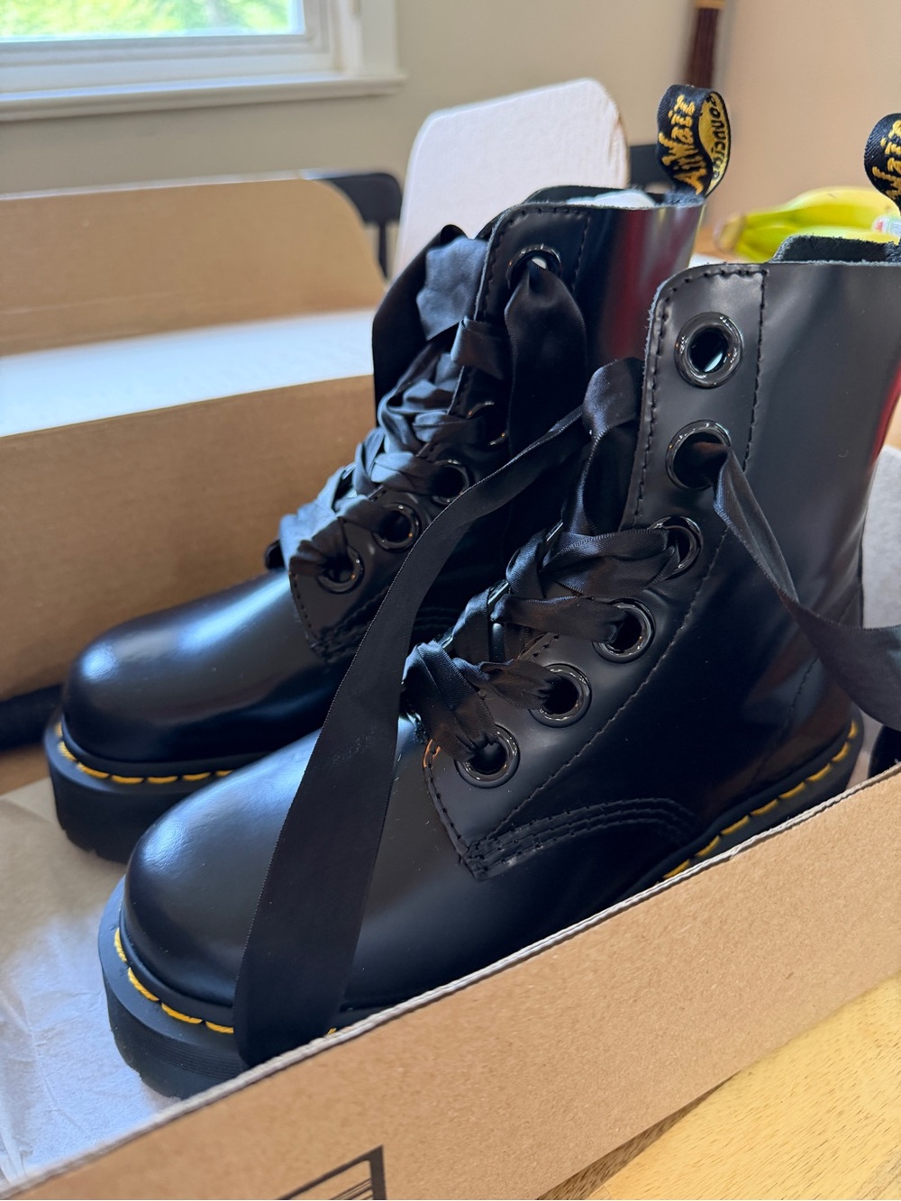 Dr. Martens Black Leather Platform Combat Boots with Yellow Stitching - Picture 4 of 7
